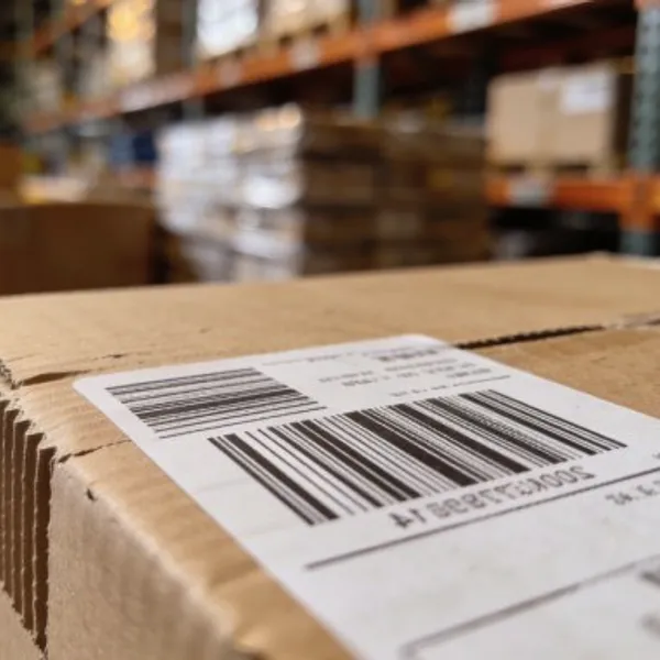 A barcode on a shelf of parcels.