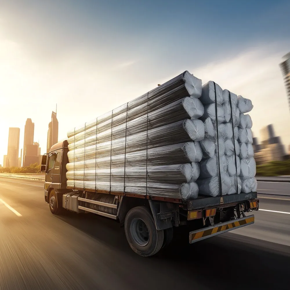 A lorry carrying pipes past a city.