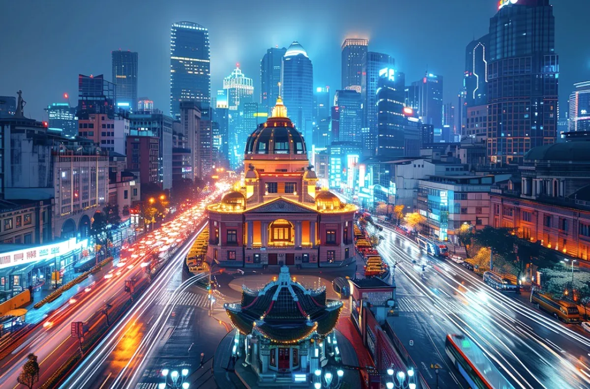 A city at night in light trails.