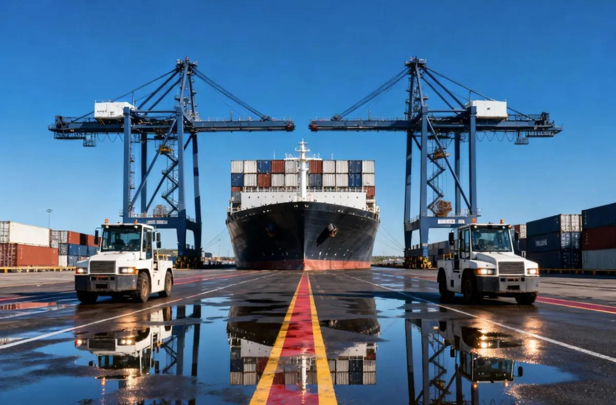 Cranes and a ship at a wet quay.