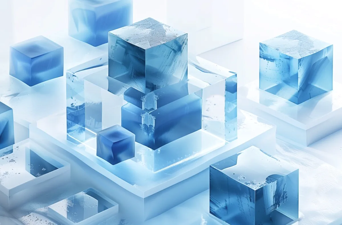 Blue ice cubes on white.