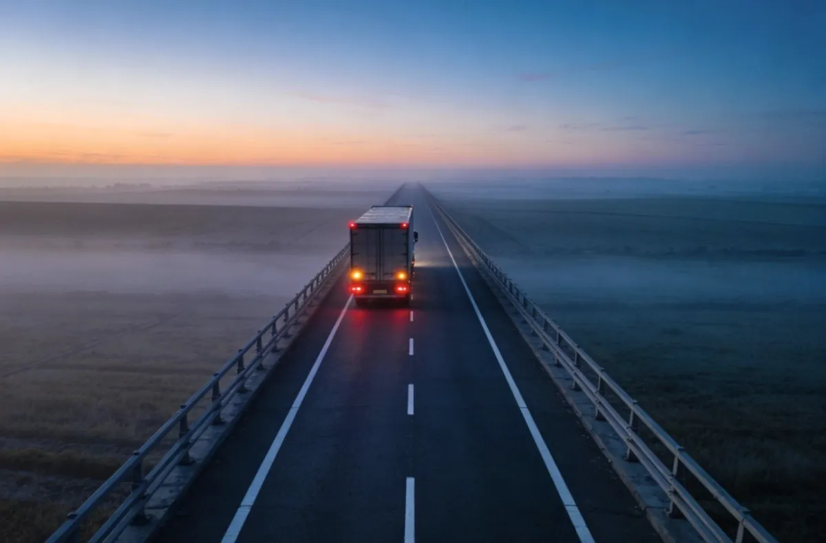 A lorry on a road at dusk.