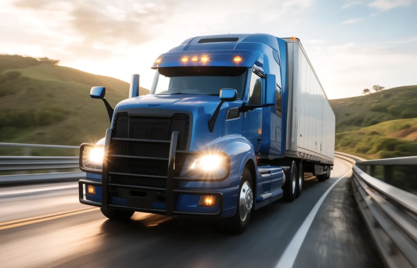 A blue lorry on a motorway.