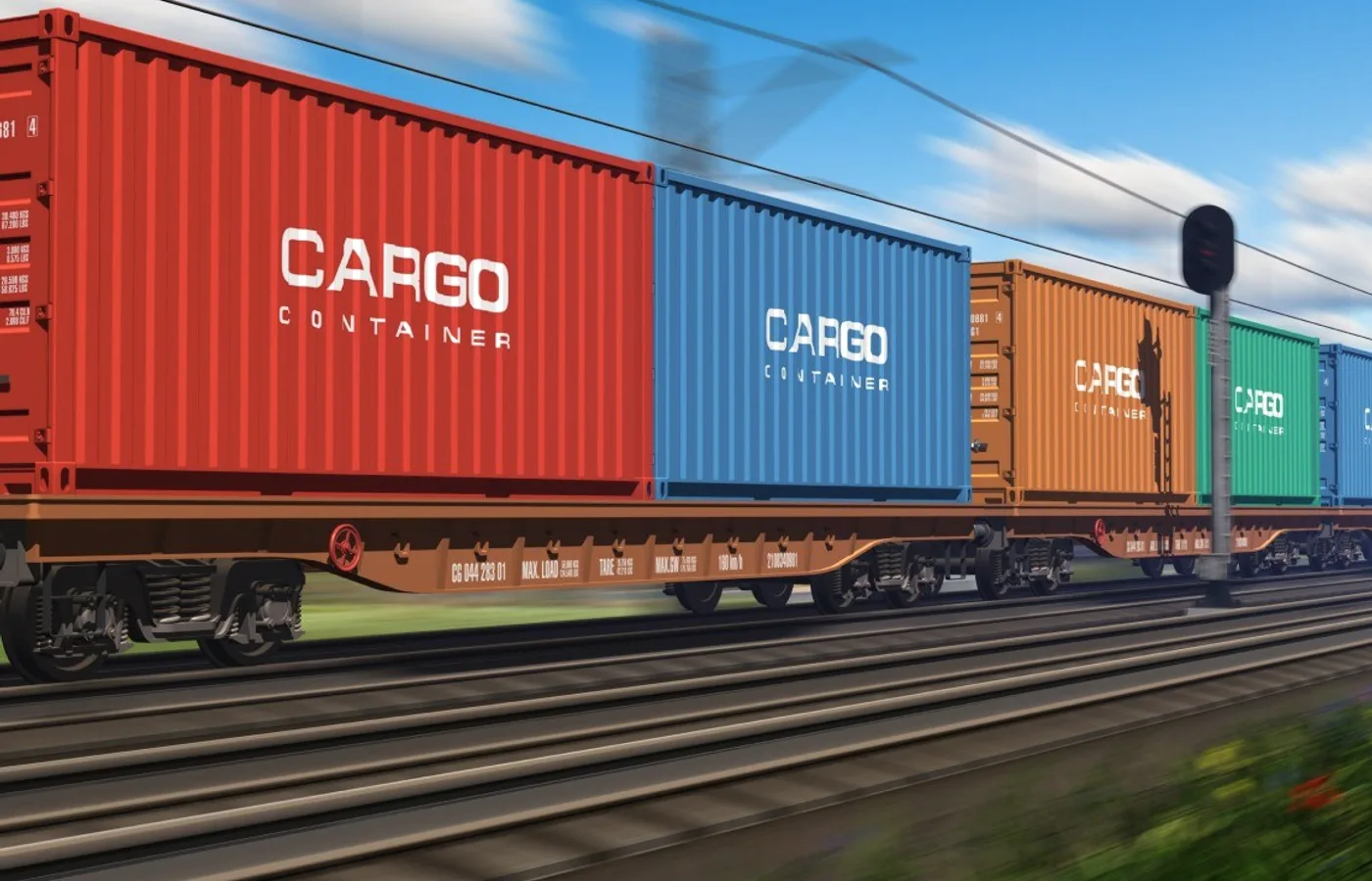 A cargo train of coloured containers.