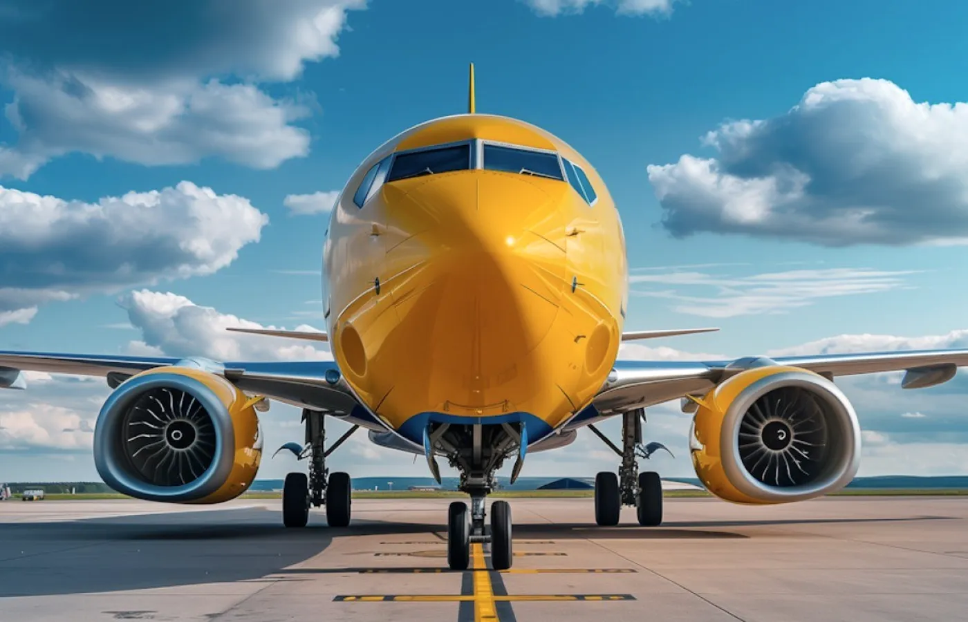 A yellow cargo plane on the apron.