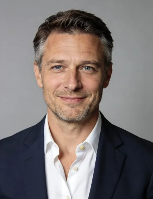 A man in a navy blazer.