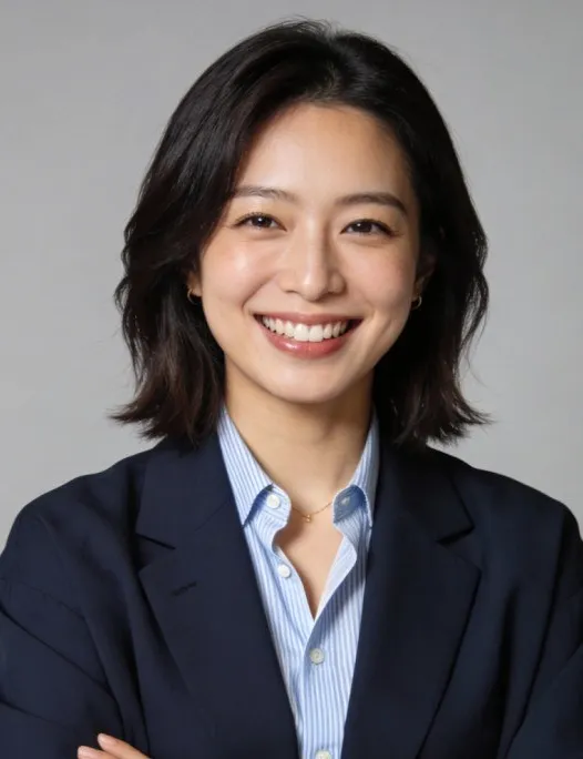 A woman in a navy jacket and striped shirt.