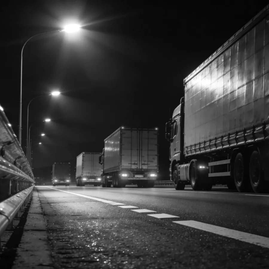 Trucks under a road light at night.