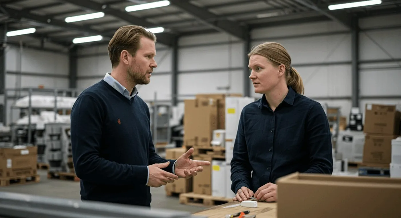 Two colleagues talking in a warehouse aisle.