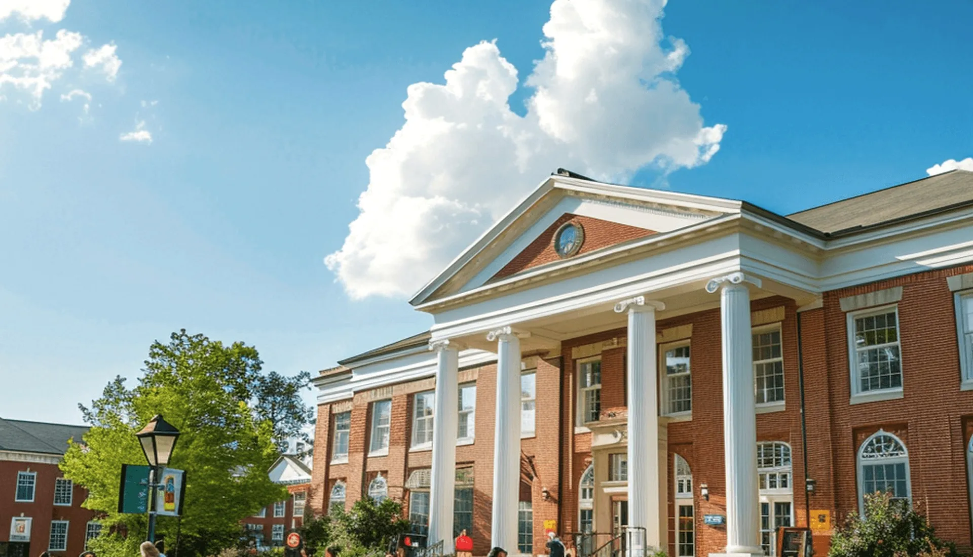 A brick college hall with white columns under clouds.