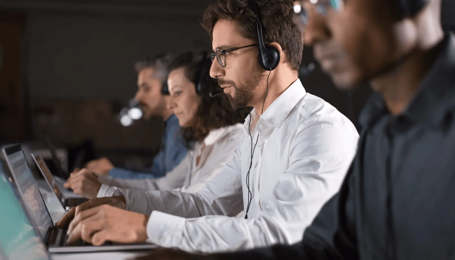 A support desk with headsets.