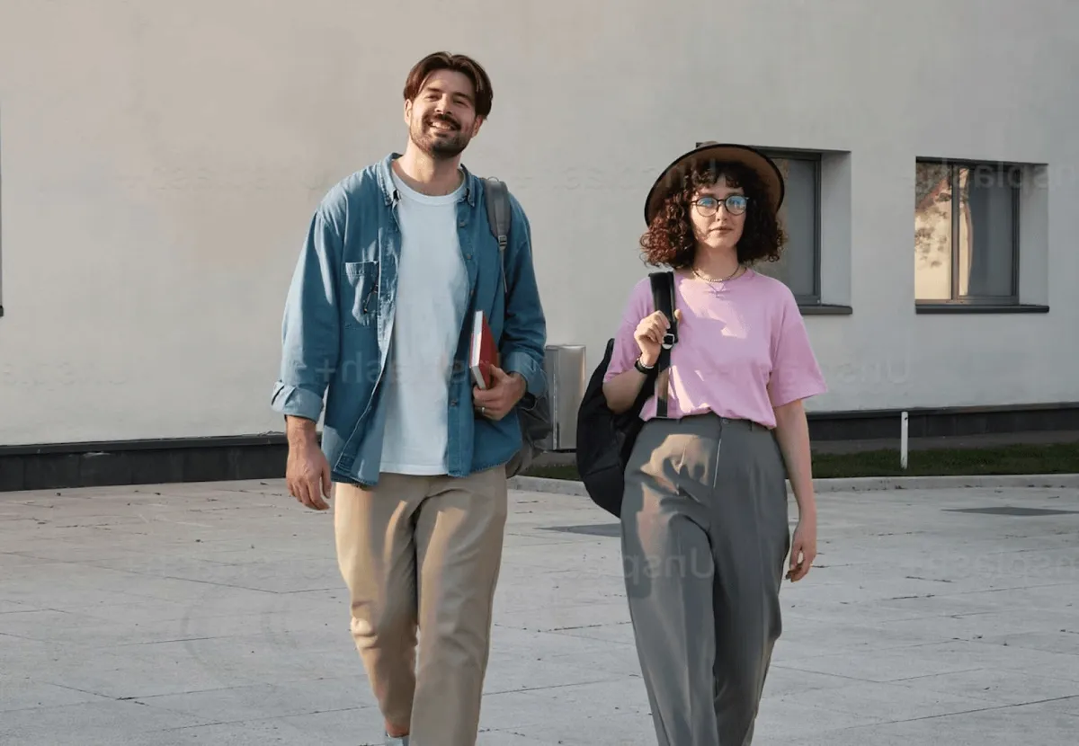 Two students walking with books.