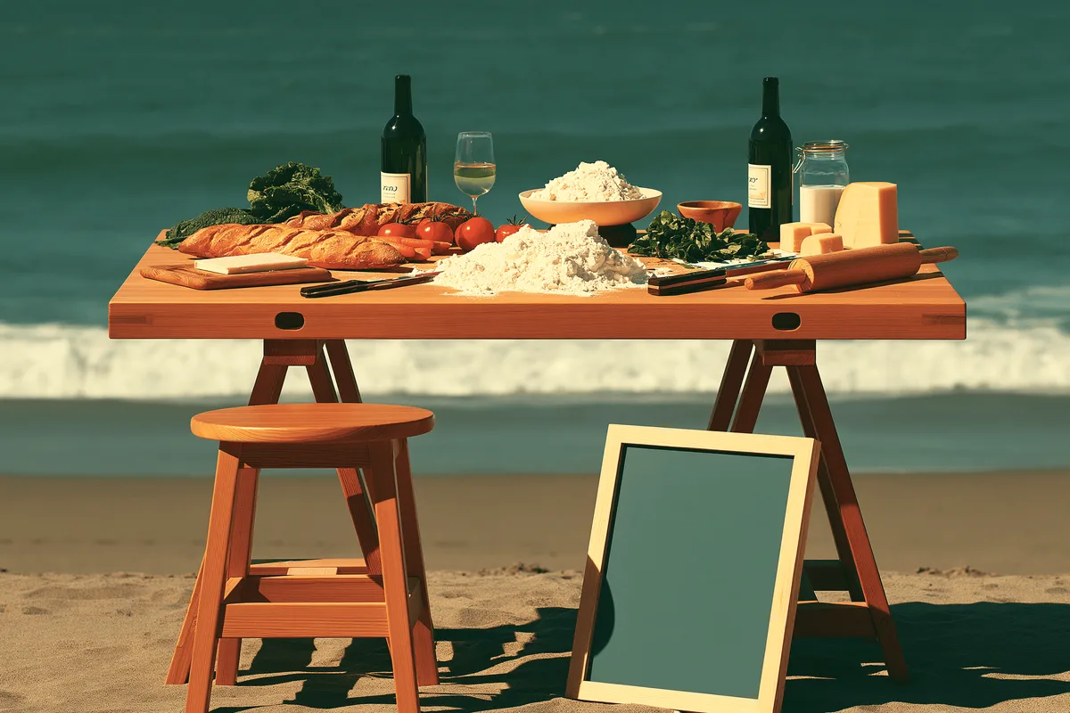 A trestle table of food on a beach, a stool and a blank board beside it.