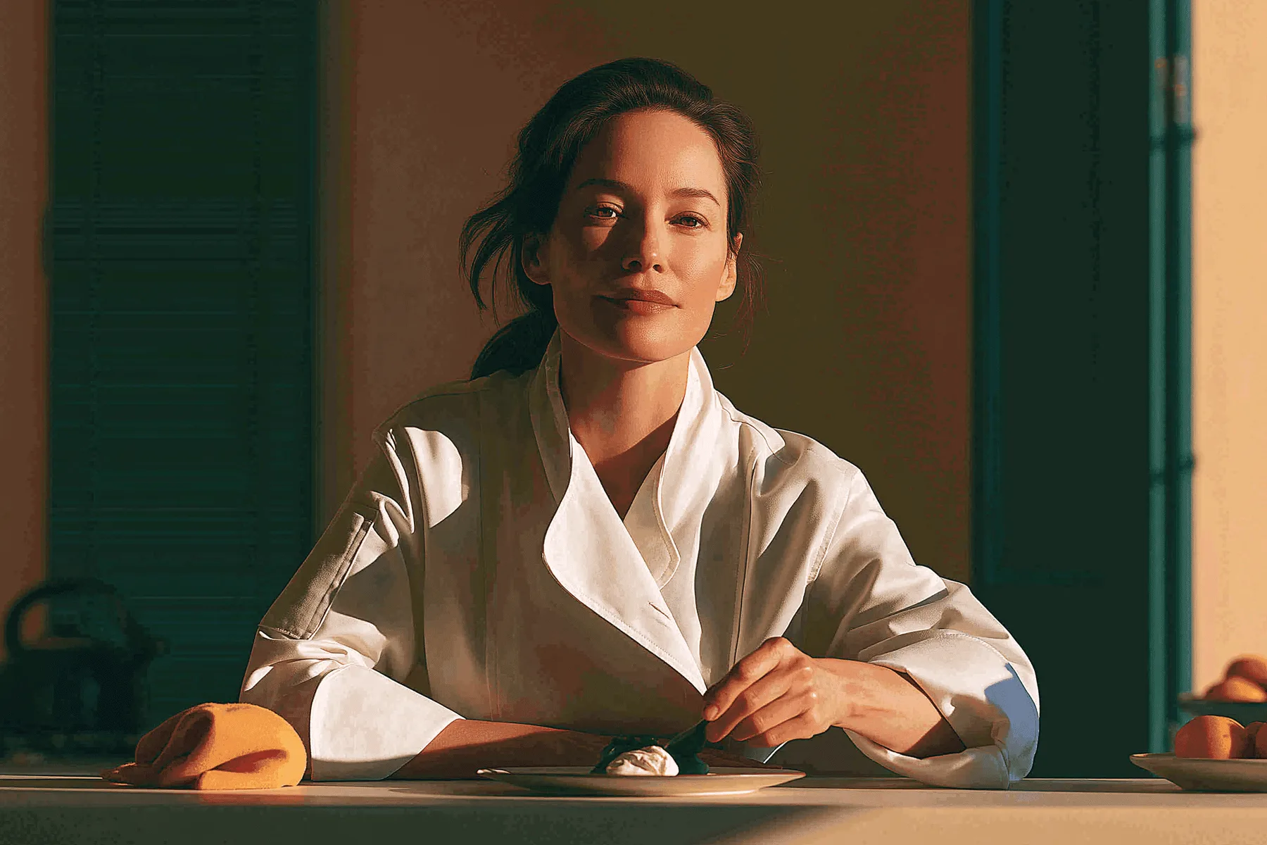 A chef in white seated at a table, a plate before her.