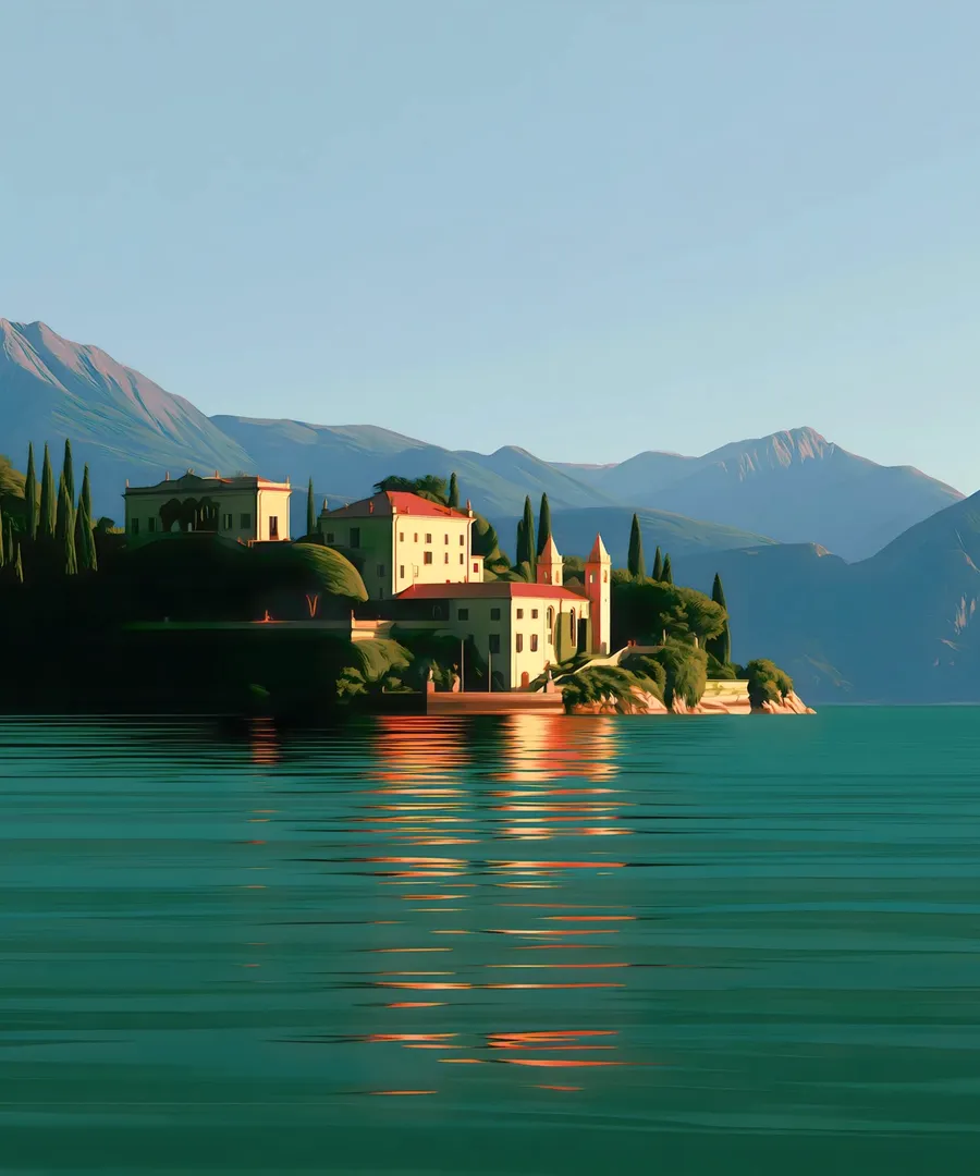 A lakeside town under mountains.