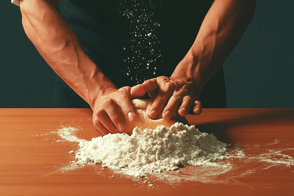 Two hands kneading dough on a floured board.