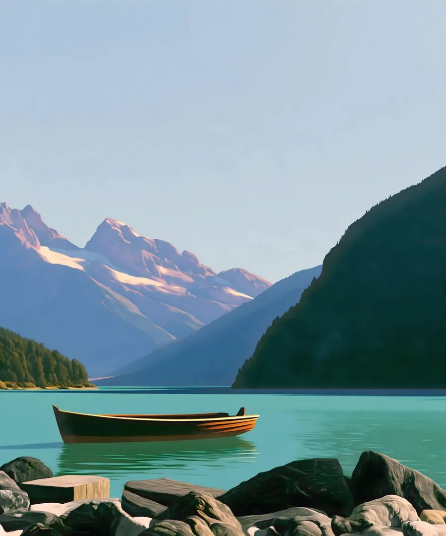 A lake under snowy peaks.