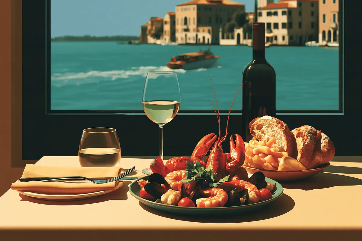 A table of food by a window on the water.