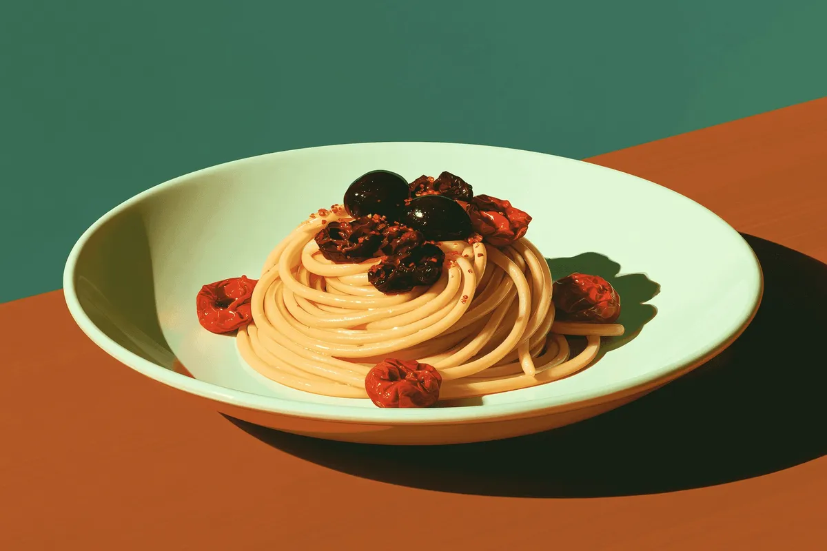 A plate of pasta with tomatoes.