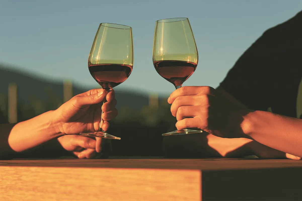 Two hands raising wine glasses.