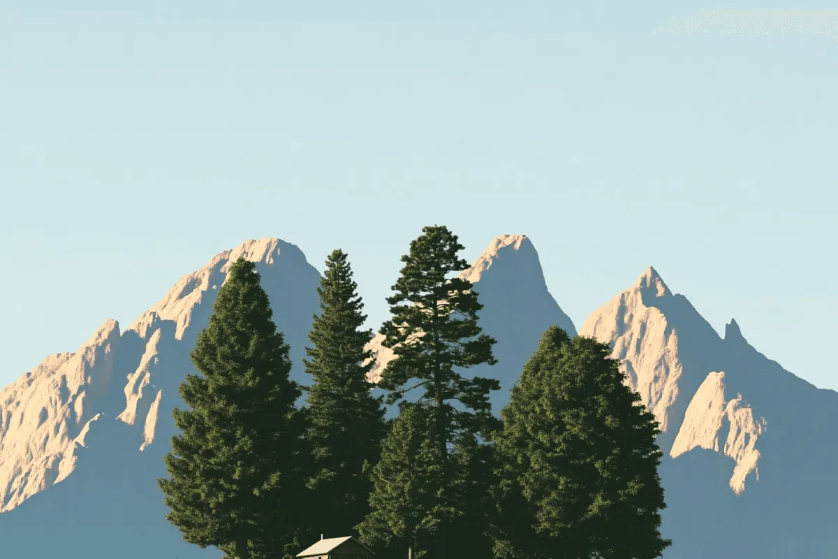 Pines on a hill under peaks.