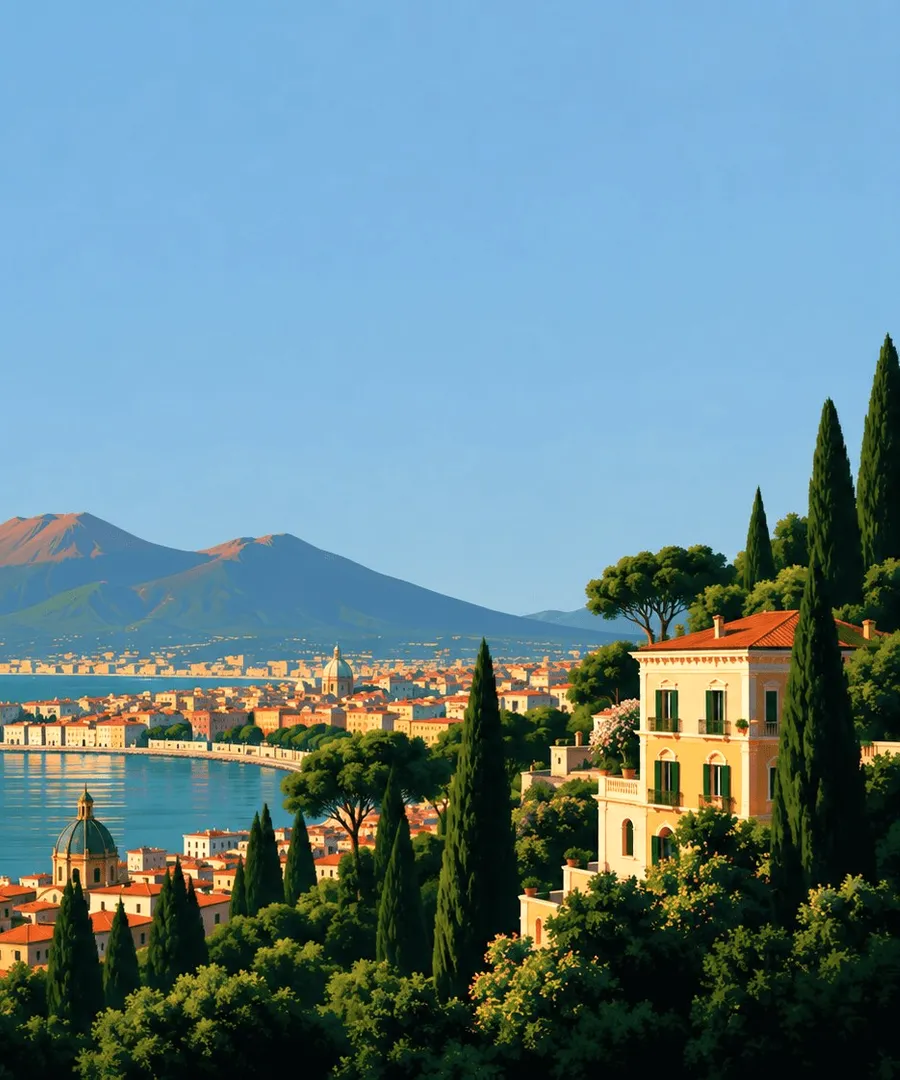 A bay with a volcano beyond the town.