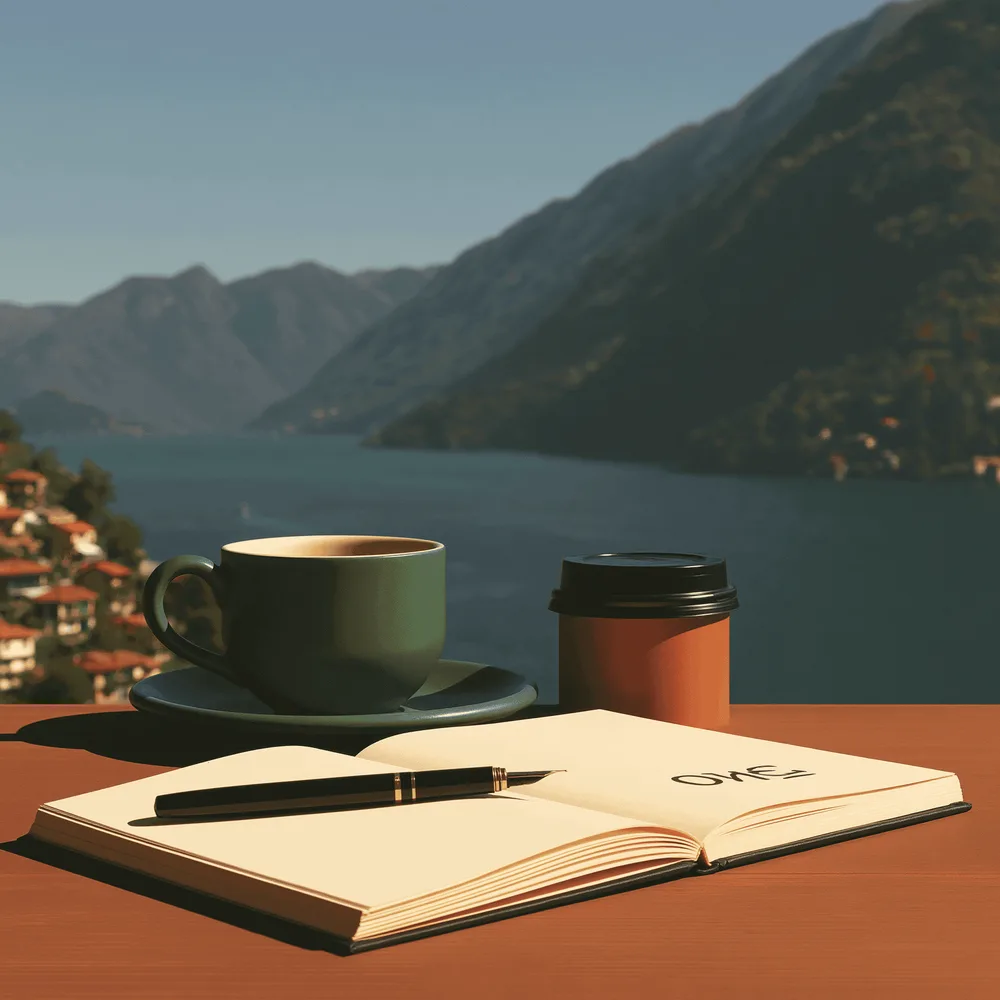 A notebook, a pen and a coffee on a table by a lake.