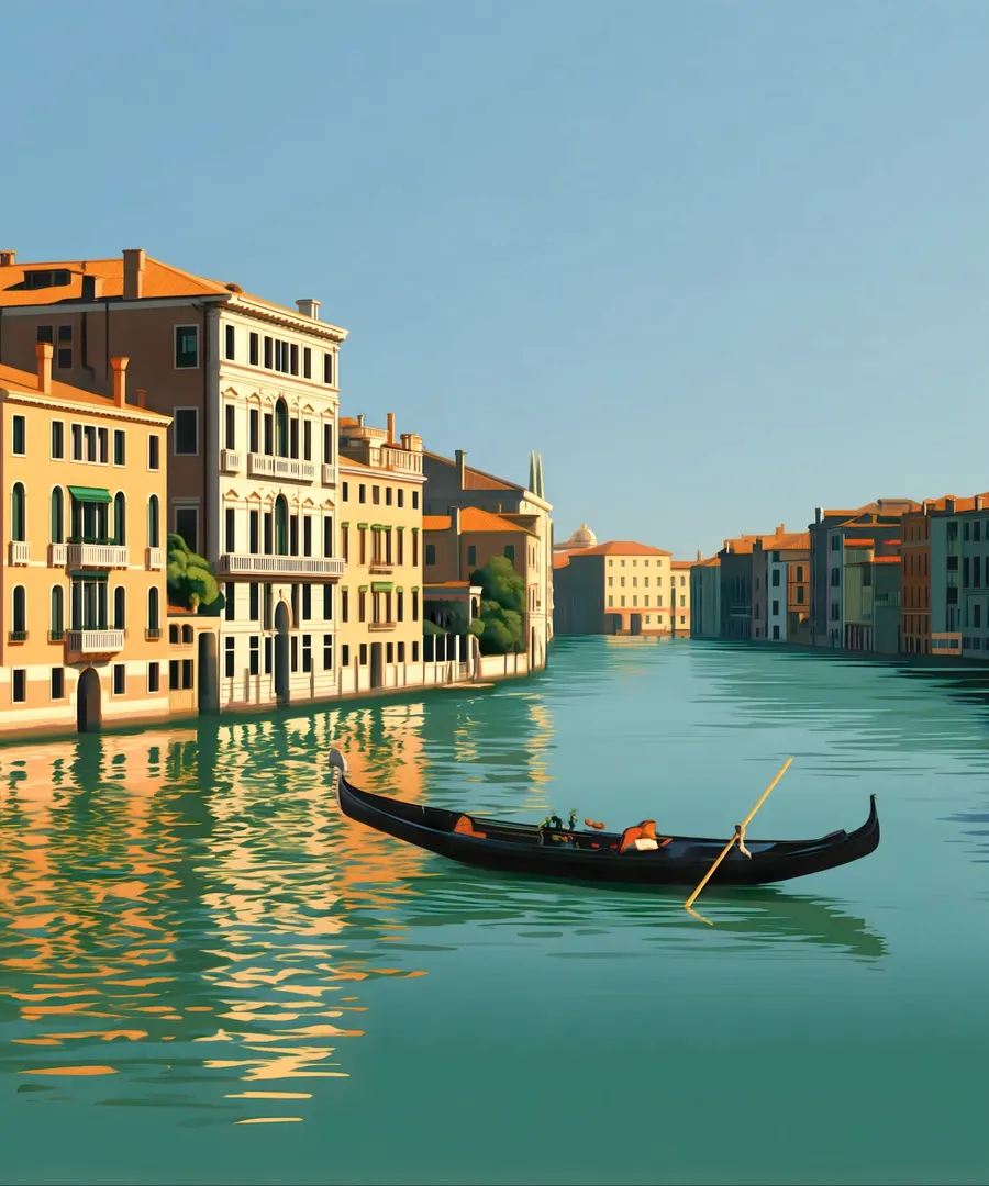A canal with a gondola between painted houses.