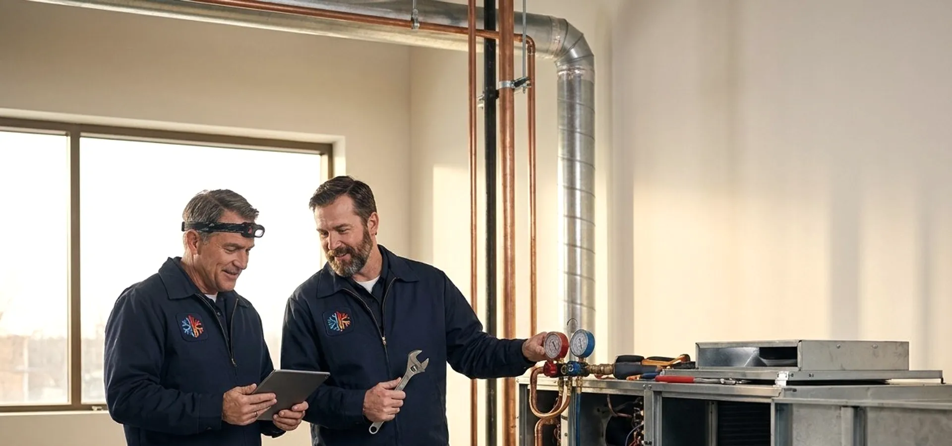 Two technicians with a tablet beside an open unit.
