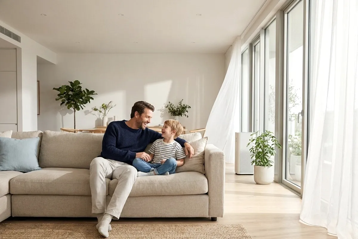 A father and child on a sofa in a bright room.