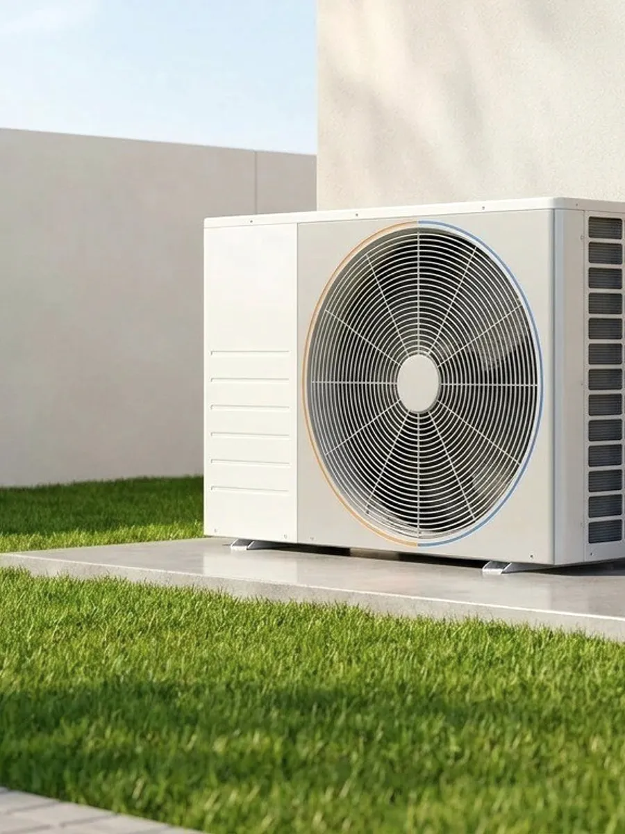An outdoor air-conditioning unit on a lawn.