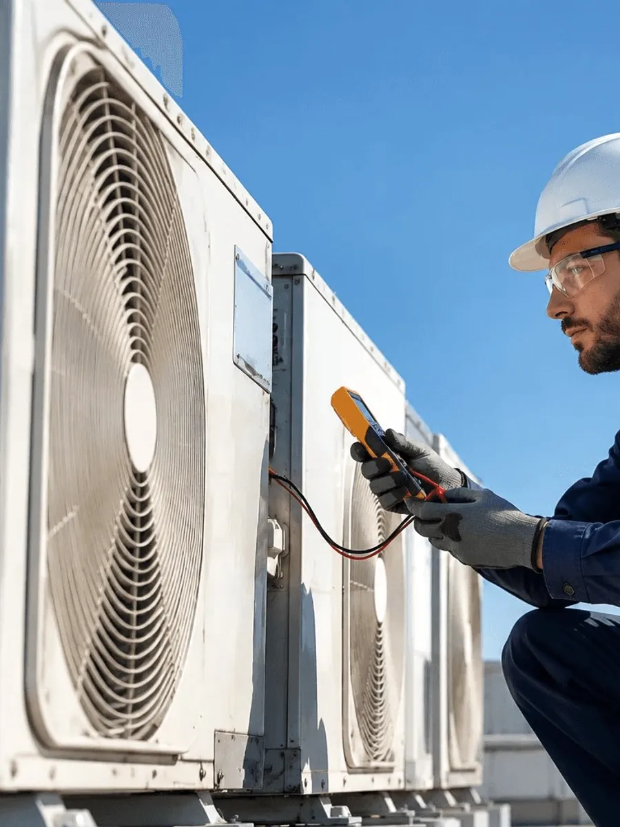 A technician in a white helmet at a wall unit.