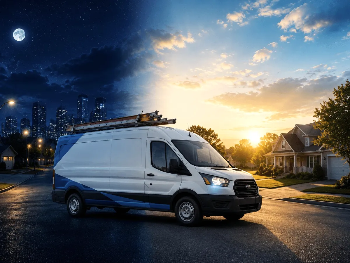 A service van at night, its lights on.