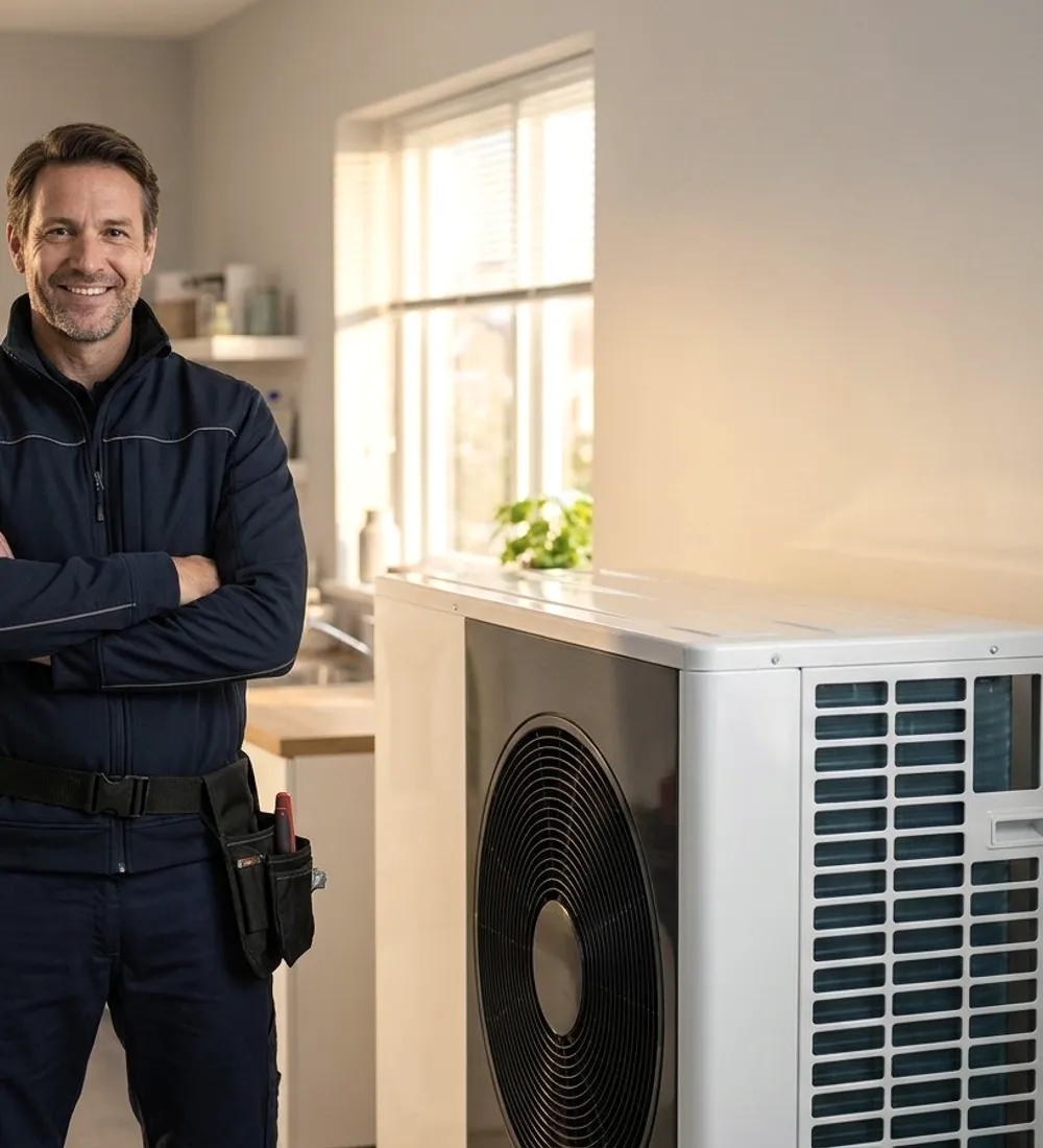 A technician with arms crossed beside an indoor unit.