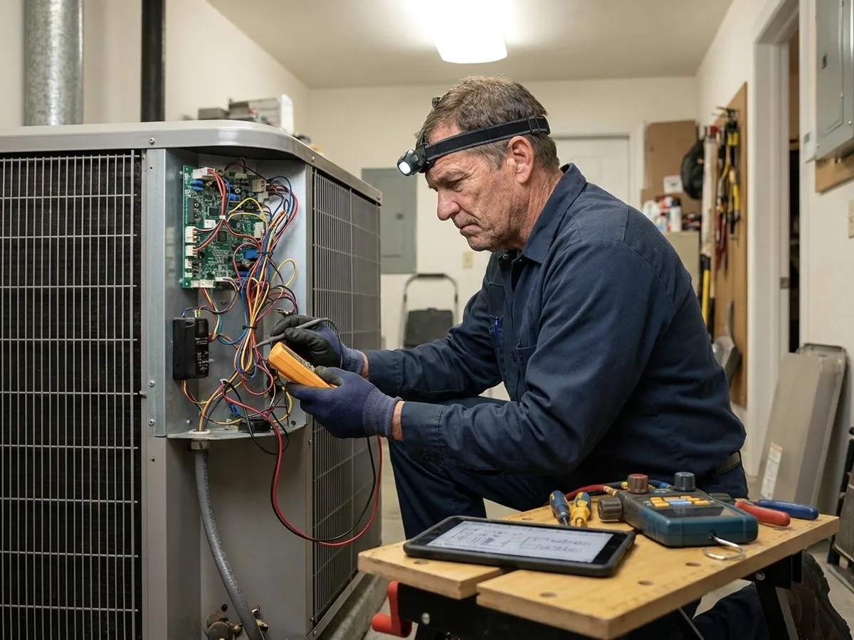 A technician with a headlamp at an open panel.