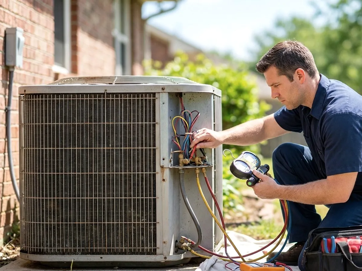 A technician at an outdoor unit with gauges.