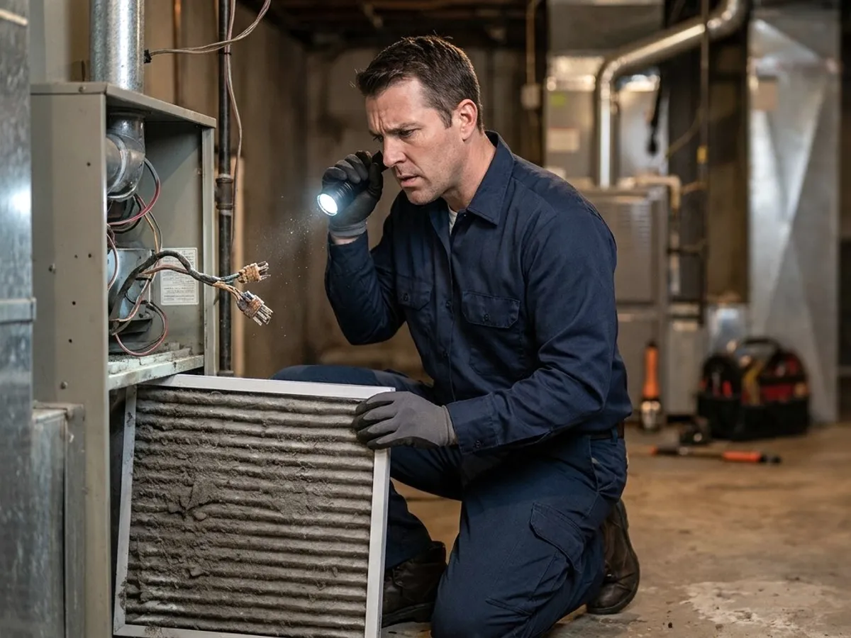 A technician with a torch at a furnace.