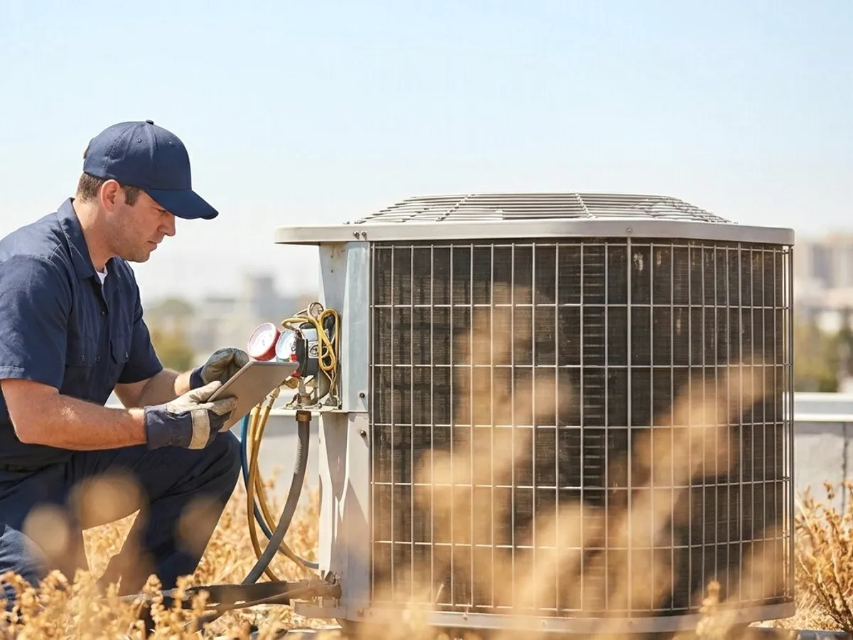 A technician in a field at an outdoor unit.