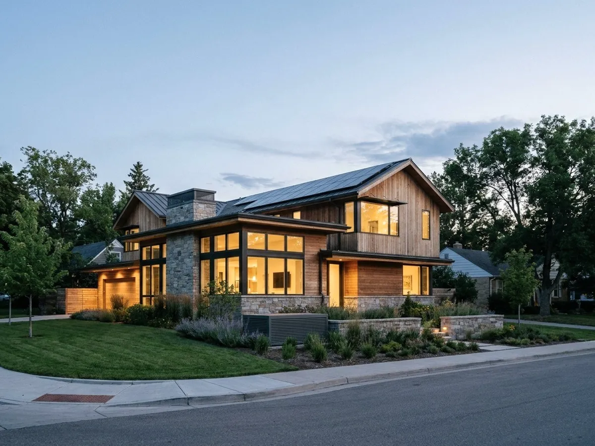 A house at dusk with its lights on.