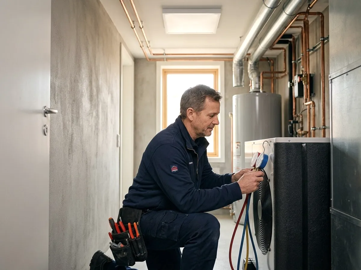A technician at a water heater.