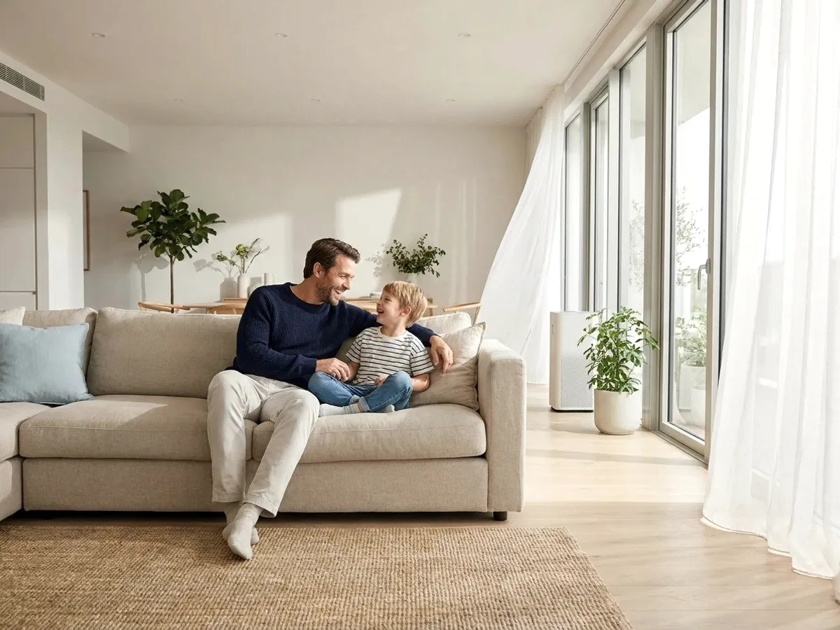 A father and child on a sofa by a window.