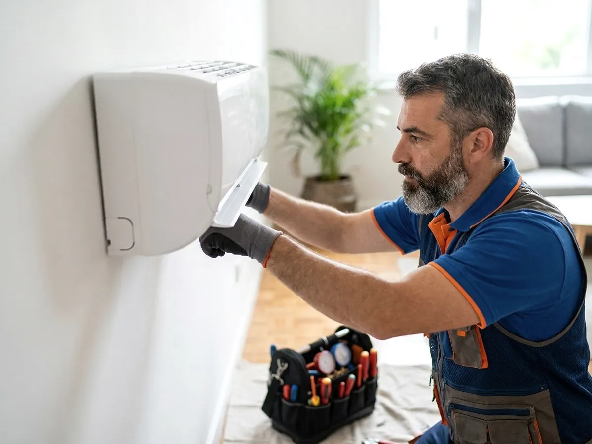 A technician in blue fitting a wall unit outside.