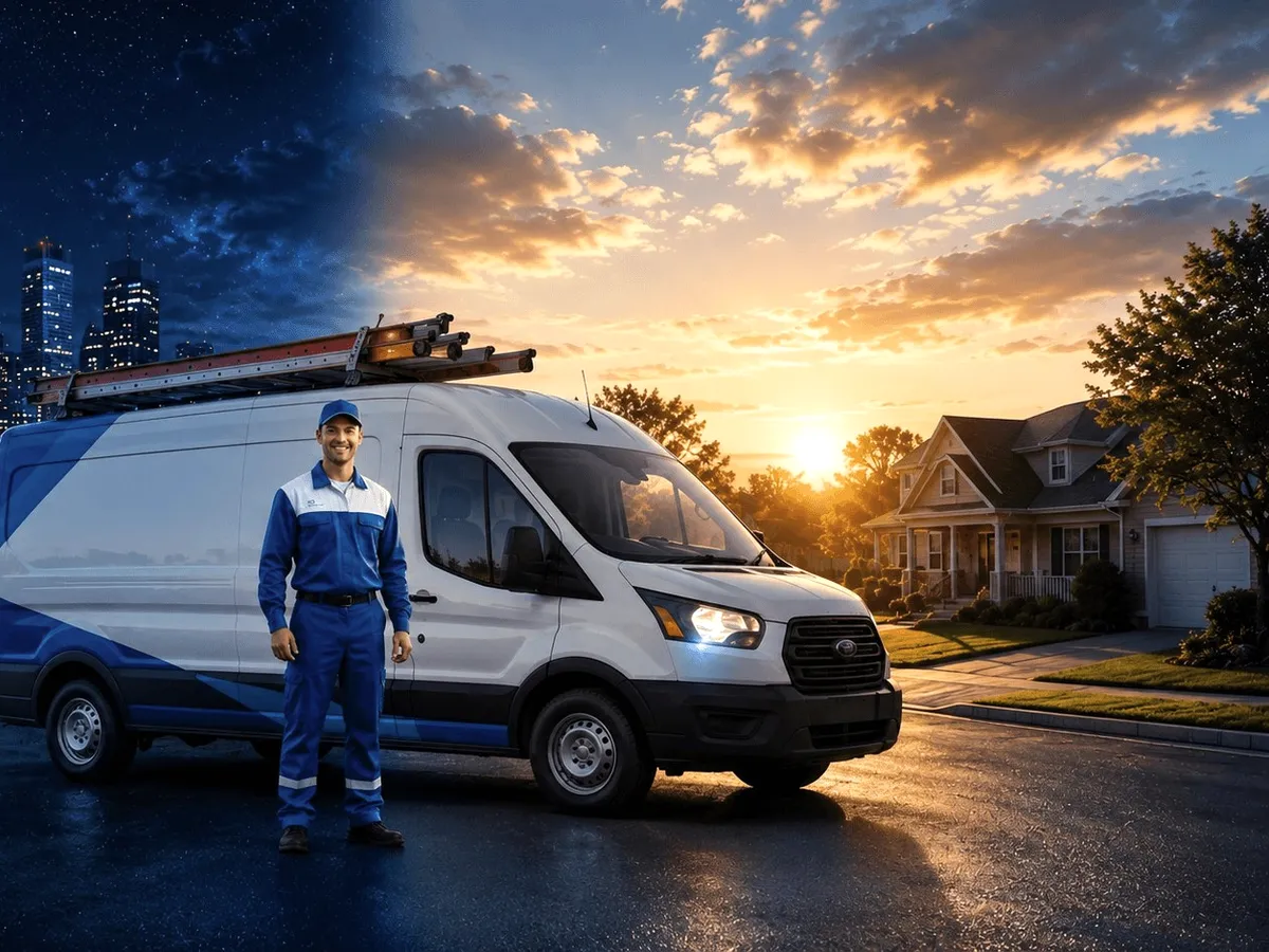 A technician beside a van at sunset.