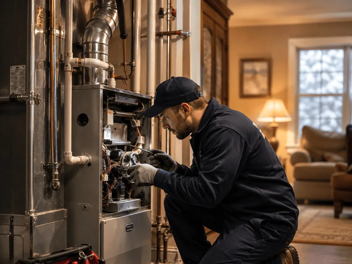 A technician kneeling at a furnace in a lamp-lit room.