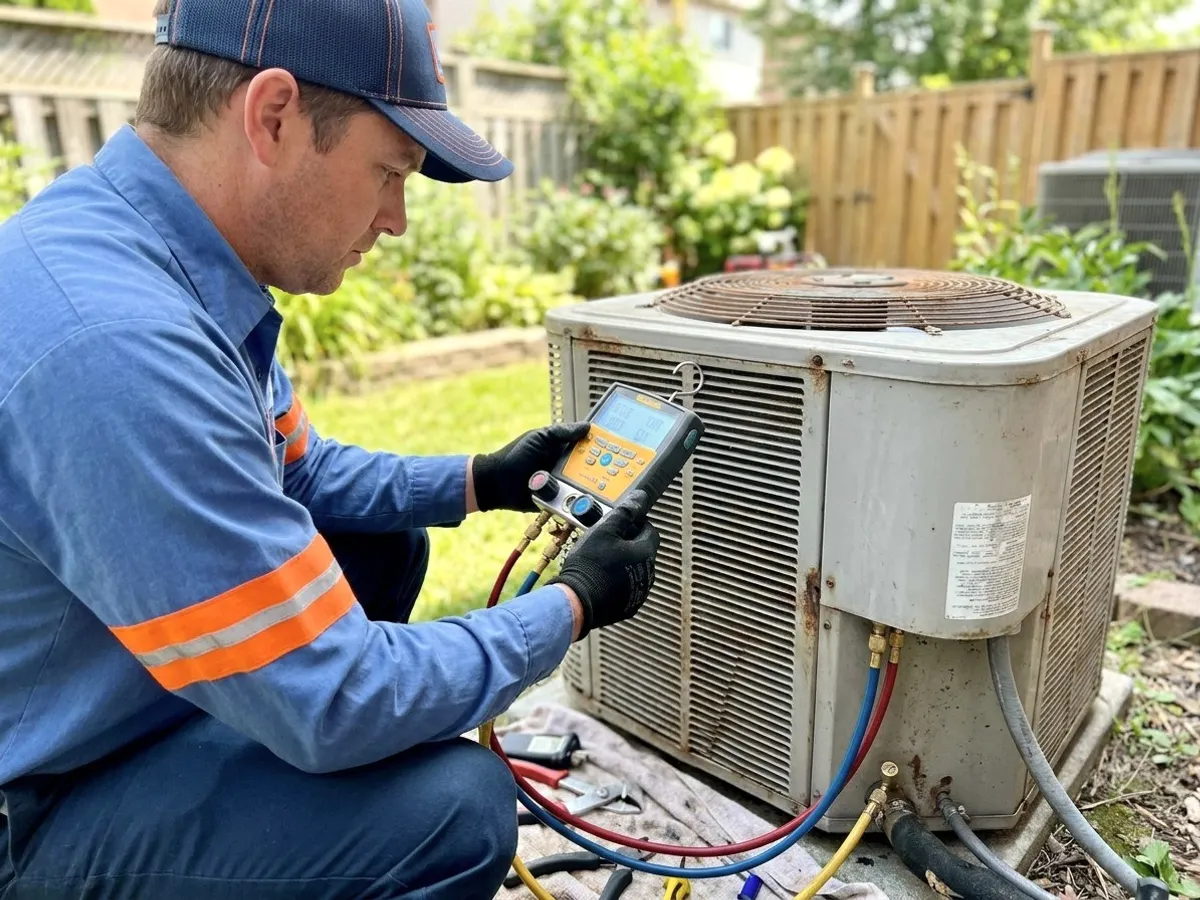 A technician with a meter at an outdoor unit.