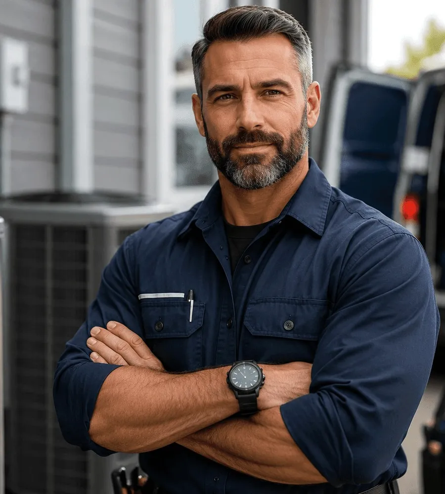 A bearded technician in navy.