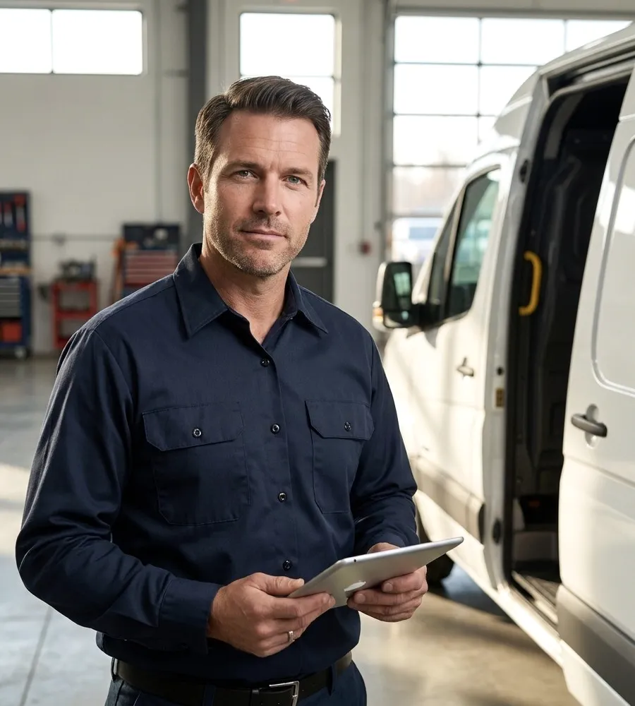 A technician with a tablet by a van.