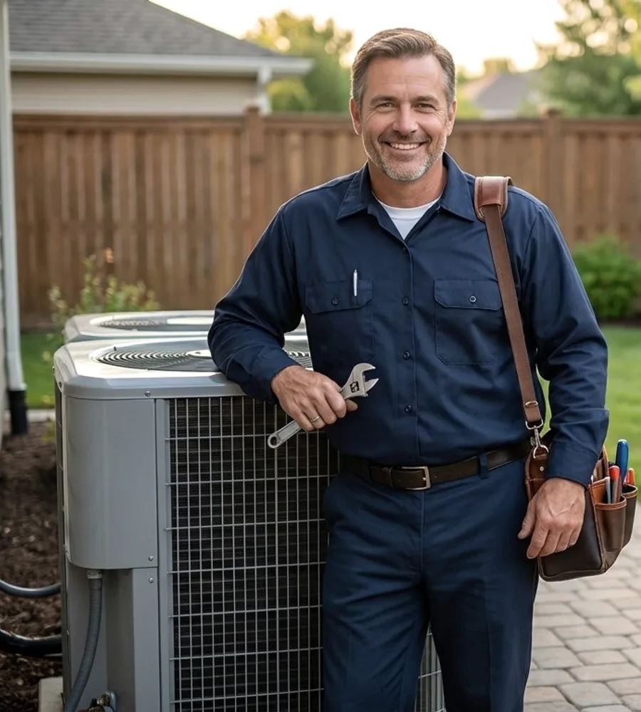 A technician with a toolbag on a lawn.