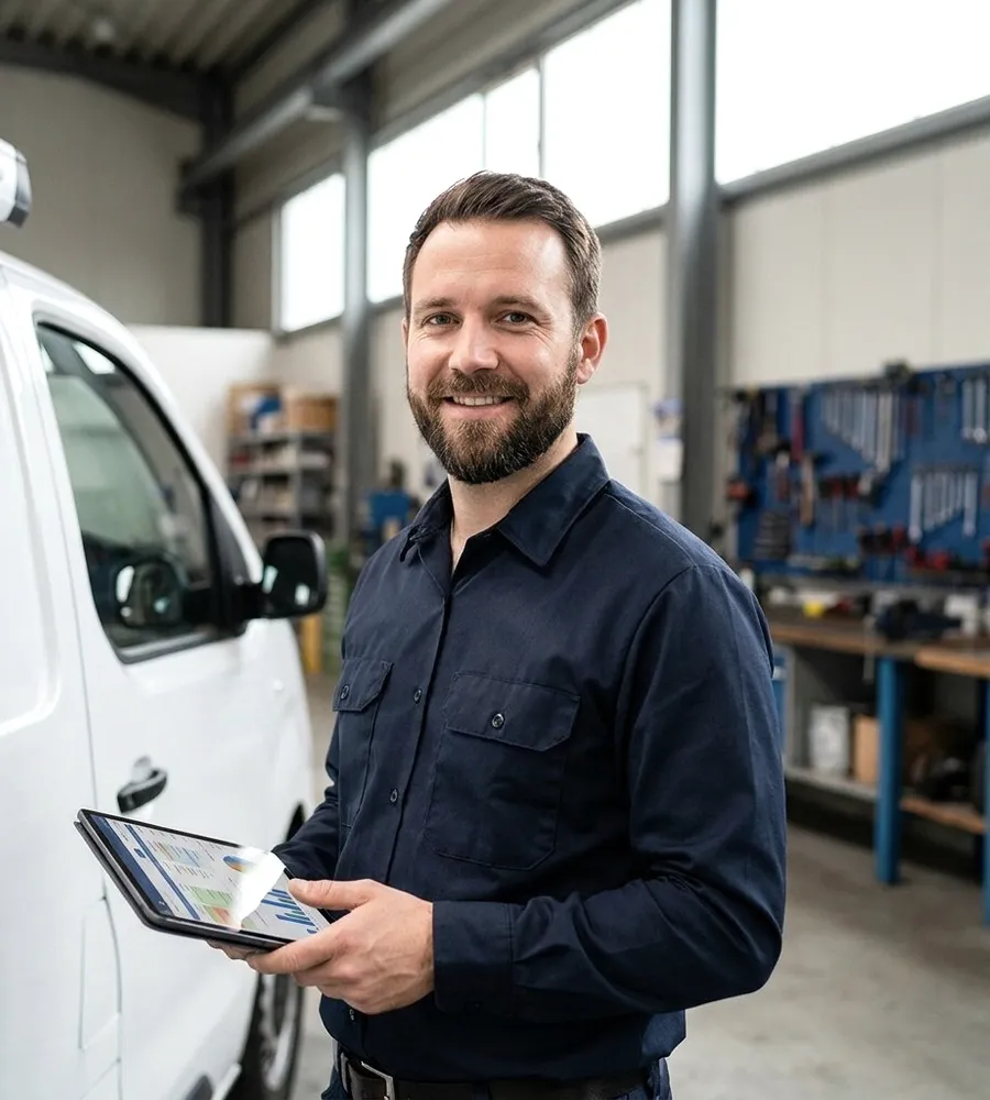 A technician with a tablet by a van, smiling.
