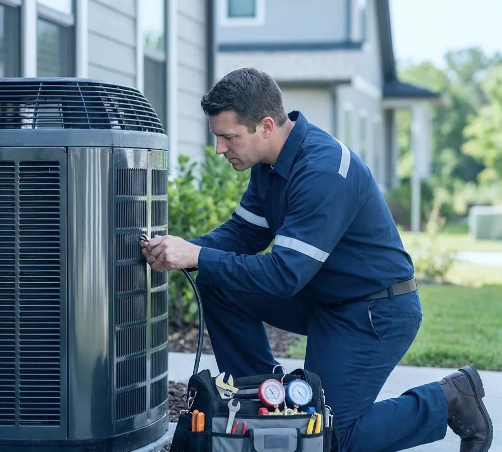 A technician kneeling at an outdoor unit.